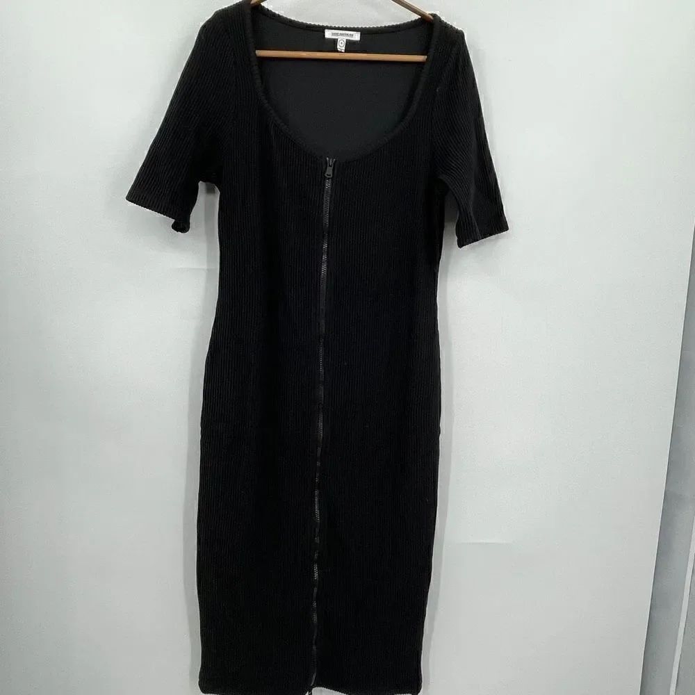 Good American Black Dramatic Zip Ribbed Bodycon Knit Midi Dress Size 4